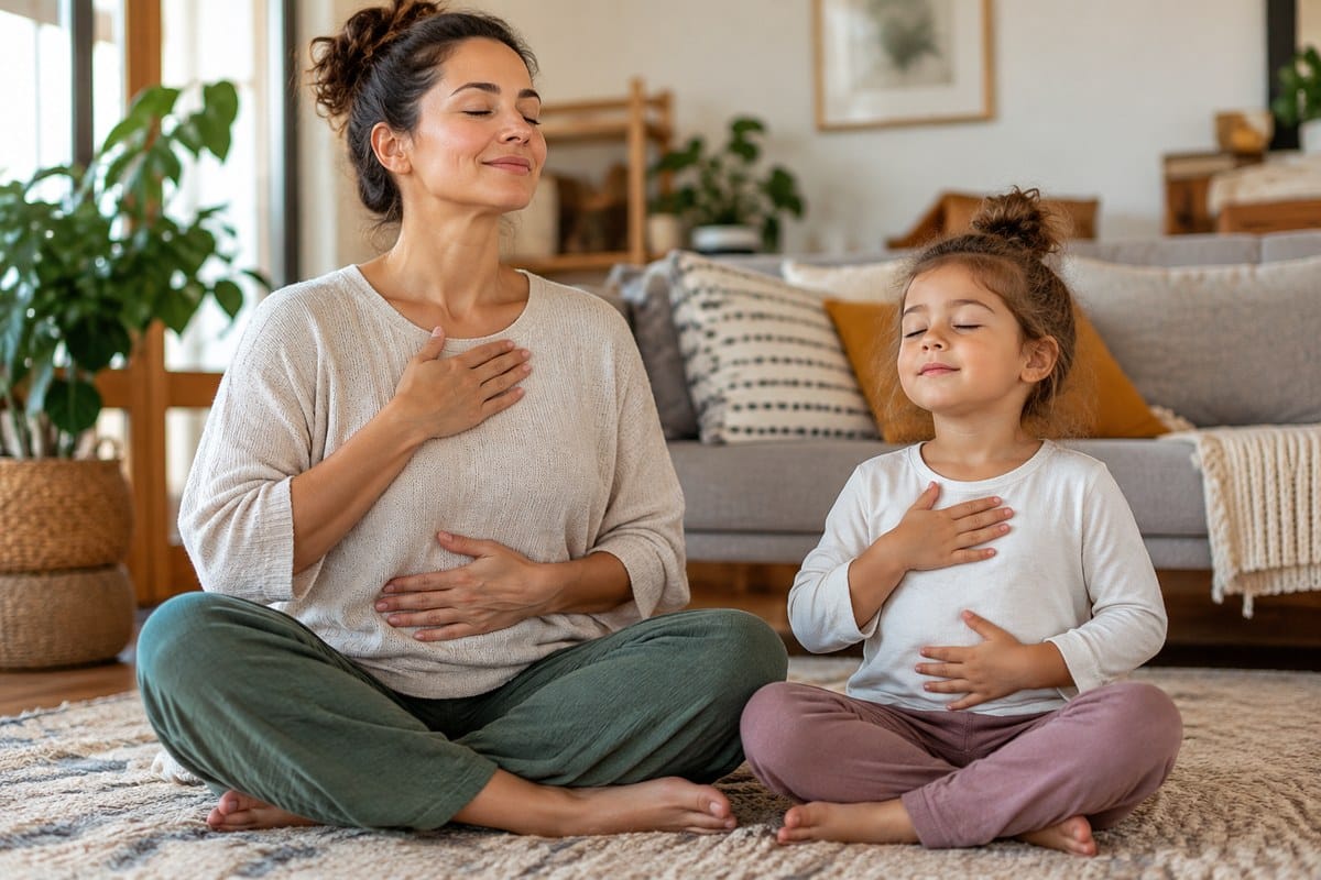 Mother and daughter practice meditative breathing together